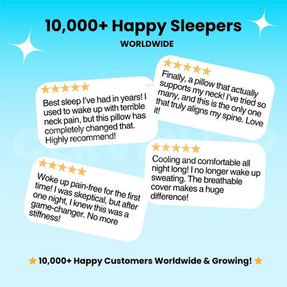 Customer testimonial highlighting pain-free mornings with CerviSleep, approved by chiropractors and rated 5 stars.
