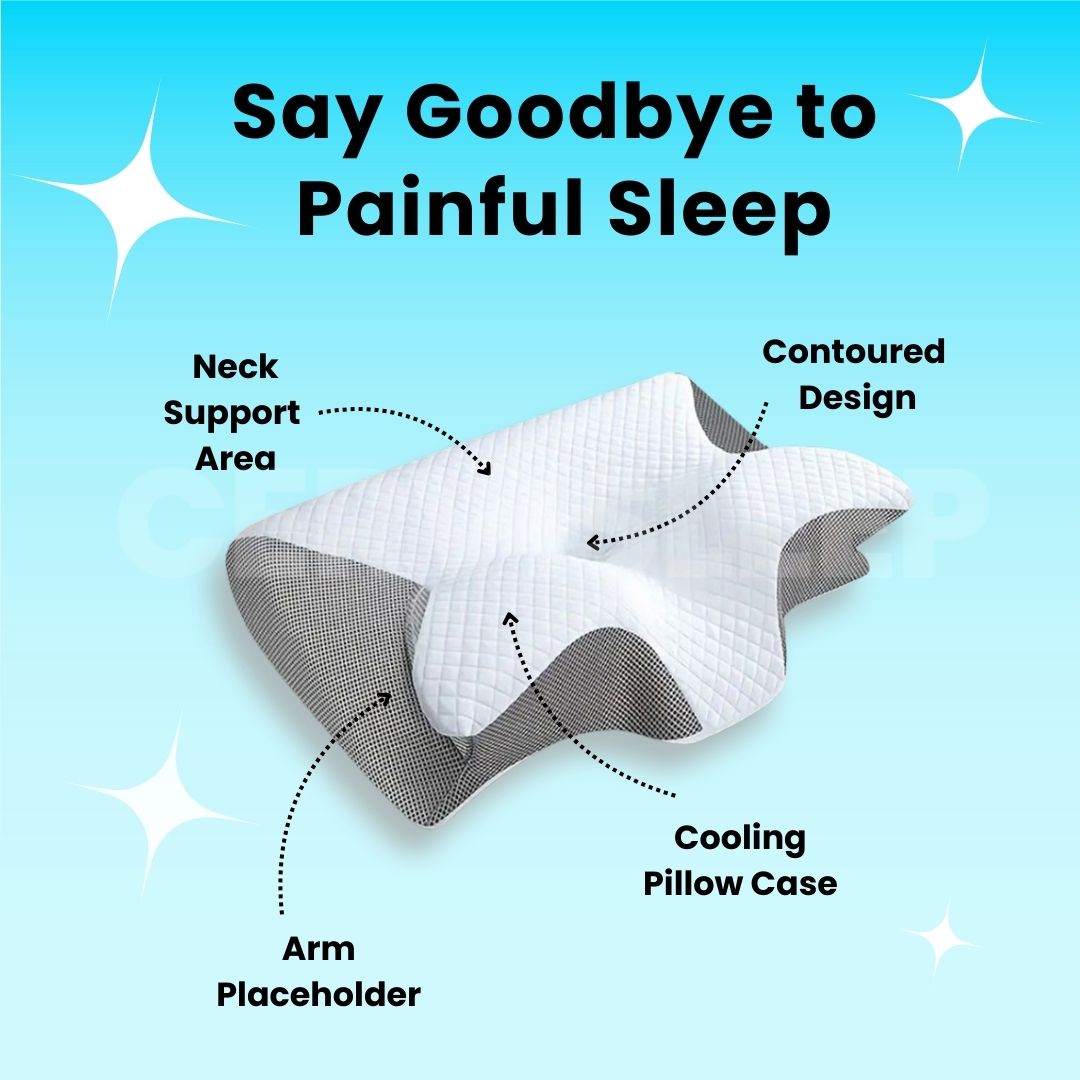 Anatomy of CerviSleep pillow showing neck support, cooling case, and contoured ergonomic design.