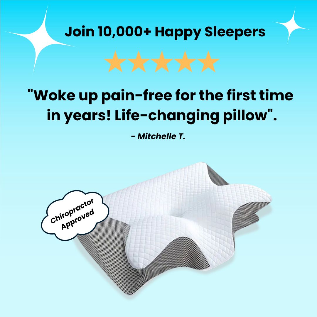 Multiple customer reviews praising CerviSleep for neck support, pain relief, and cooler sleep.