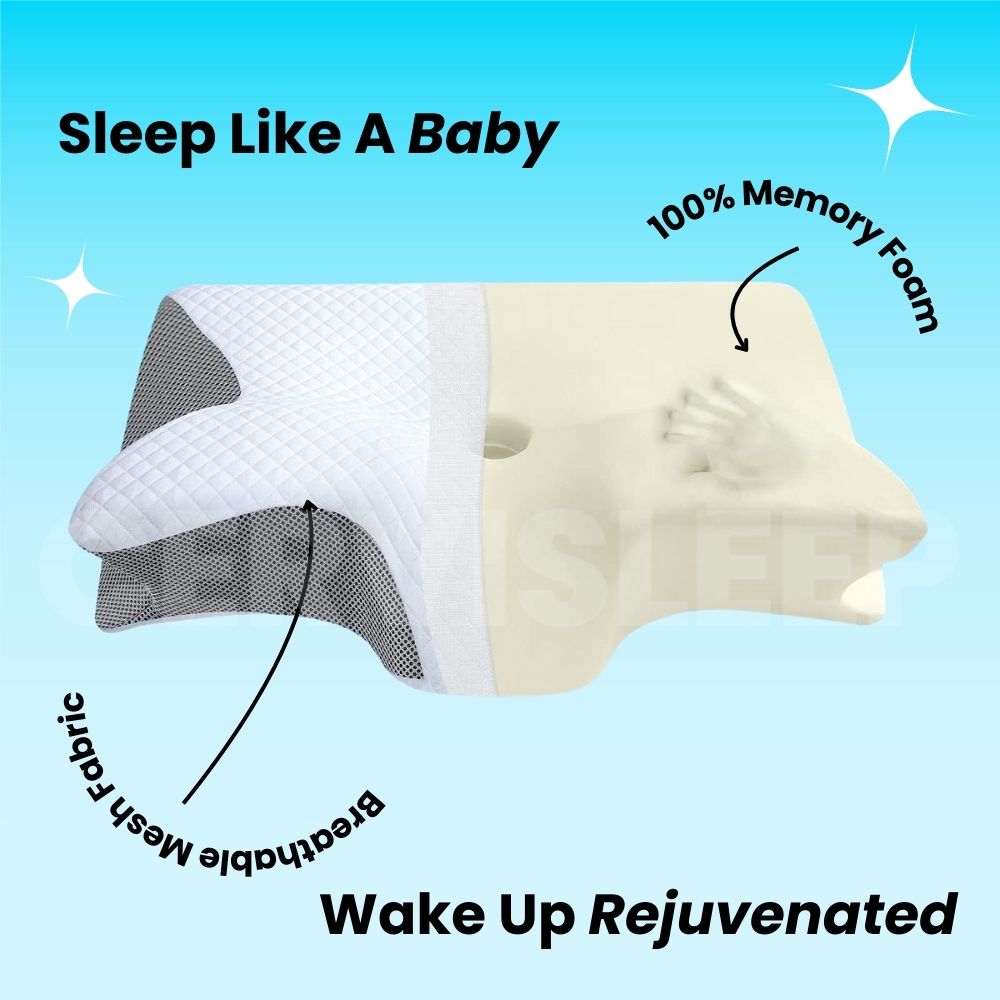 Cervical pillow with breathable mesh and 100% memory foam designed for deeper, rejuvenating sleep.