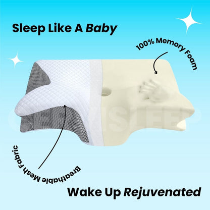 Cervical pillow with breathable mesh and 100% memory foam designed for deeper, rejuvenating sleep.