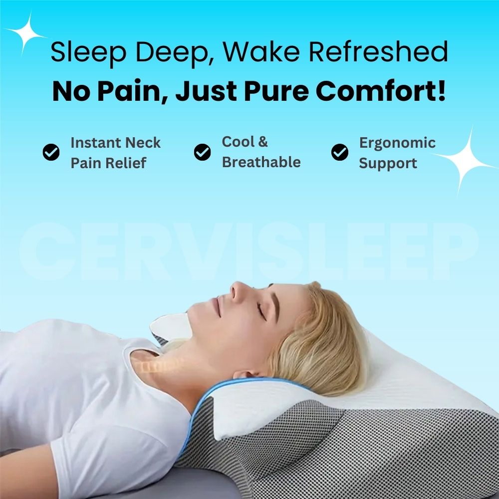 Blonde woman sleeping peacefully on CerviSleep orthopedic pillow for neck pain relief, breathable and ergonomic design.